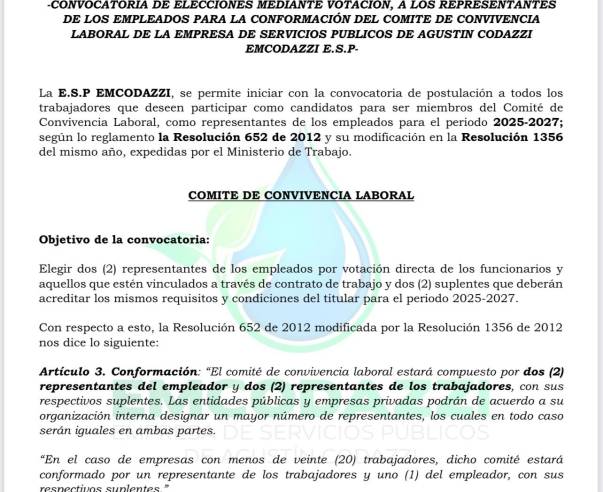 CONVOCATORIA COMITE DE CONVIVENCIA LABORAL EMCODAZZI E.S.P 2025-2027